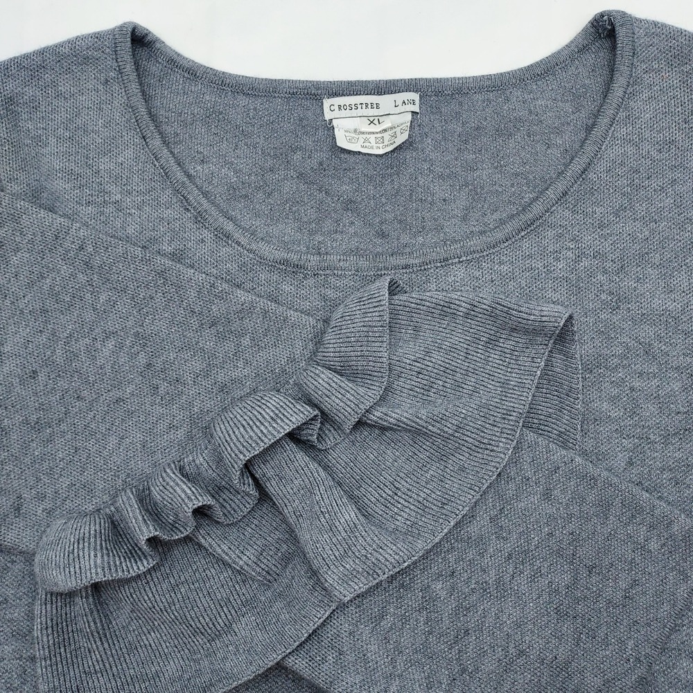Crosstree Lane Women's Gray Ruffle‎ Sleeve Knit Top Pullover Sweater XL